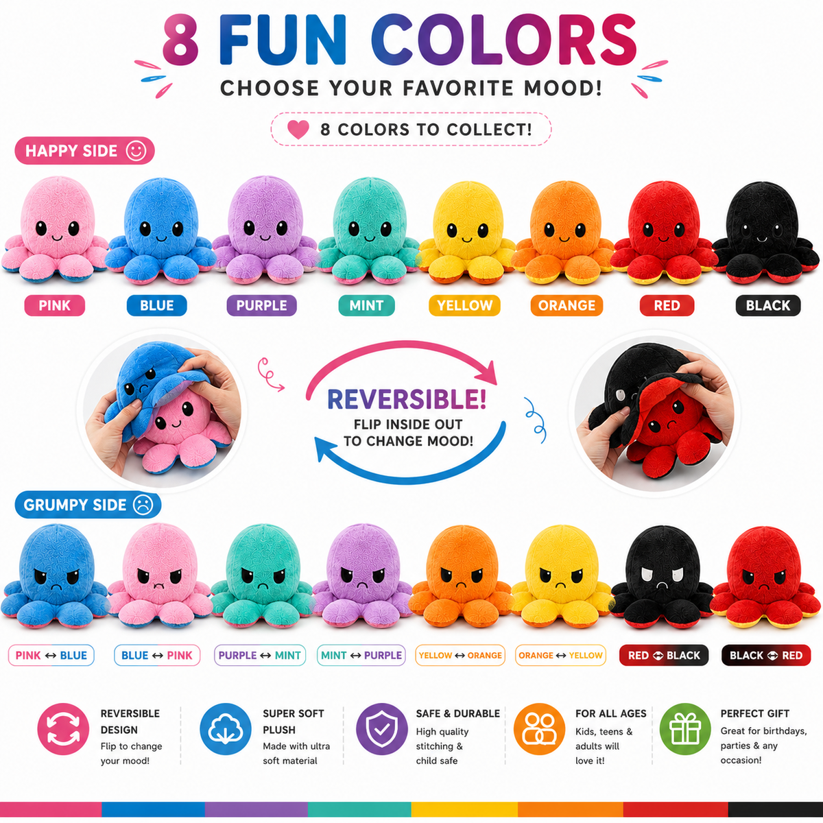 Reversible Octopus Plush Toy – 2-in-1 Mood Changing Soft Stuffed Toy