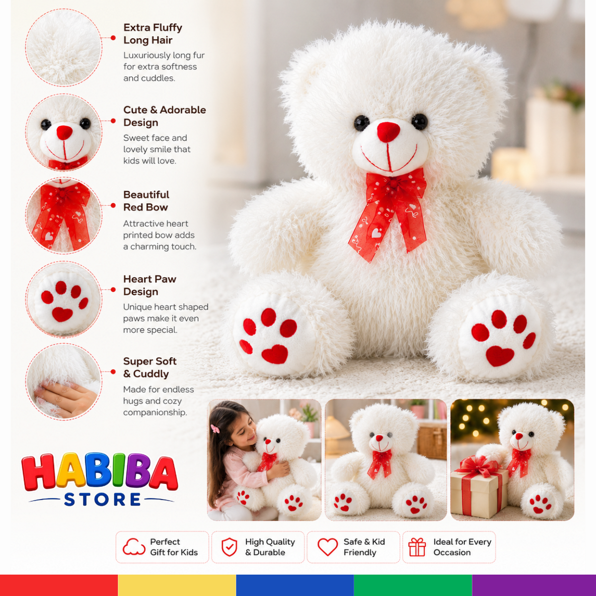 Fluffy Long-Hair Teddy Bear with Heart Paw Design