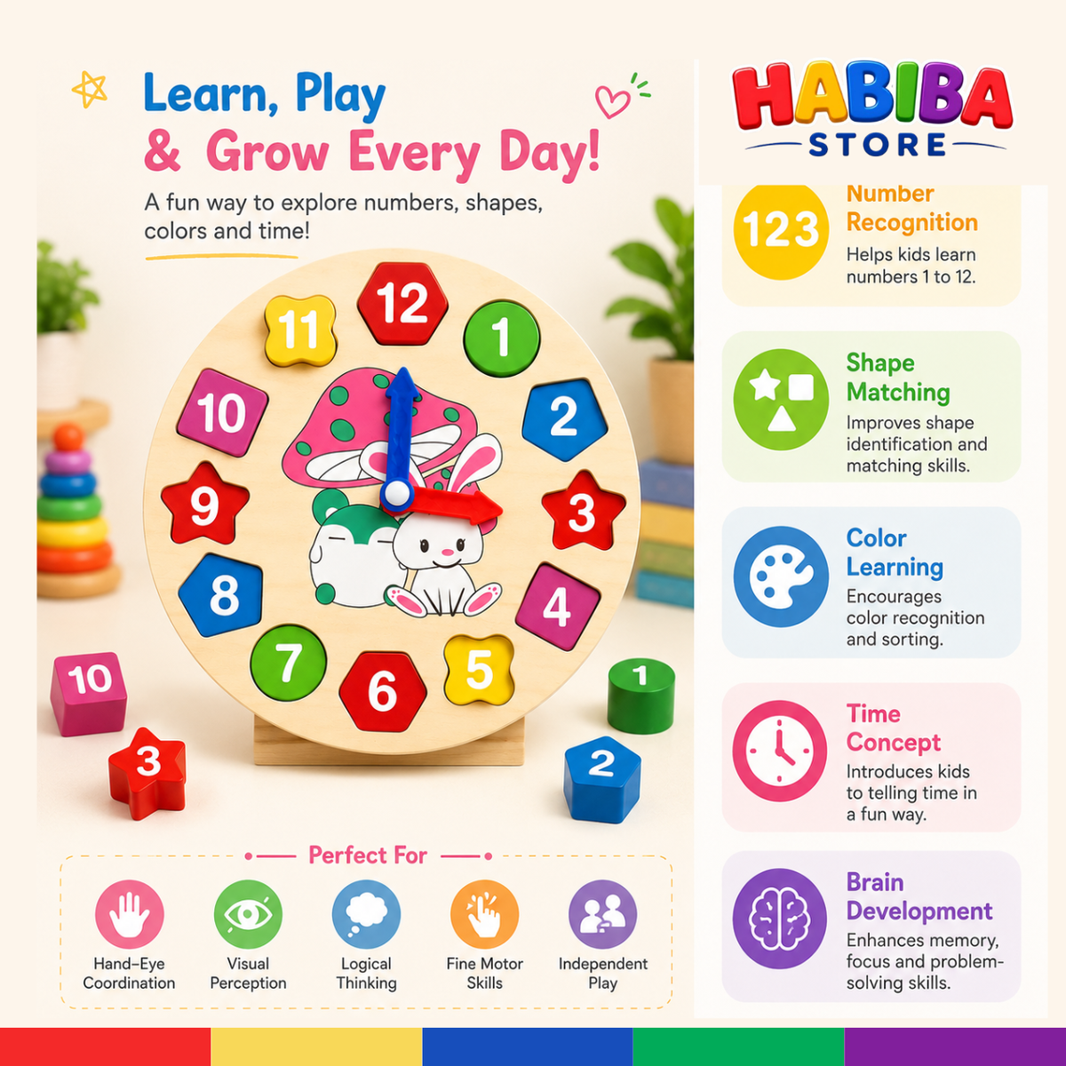 Wooden Learning Clock & Number Shape Sorting Toy