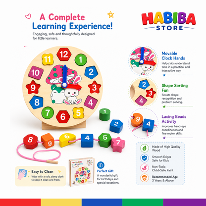 Wooden Learning Clock & Number Shape Sorting Toy