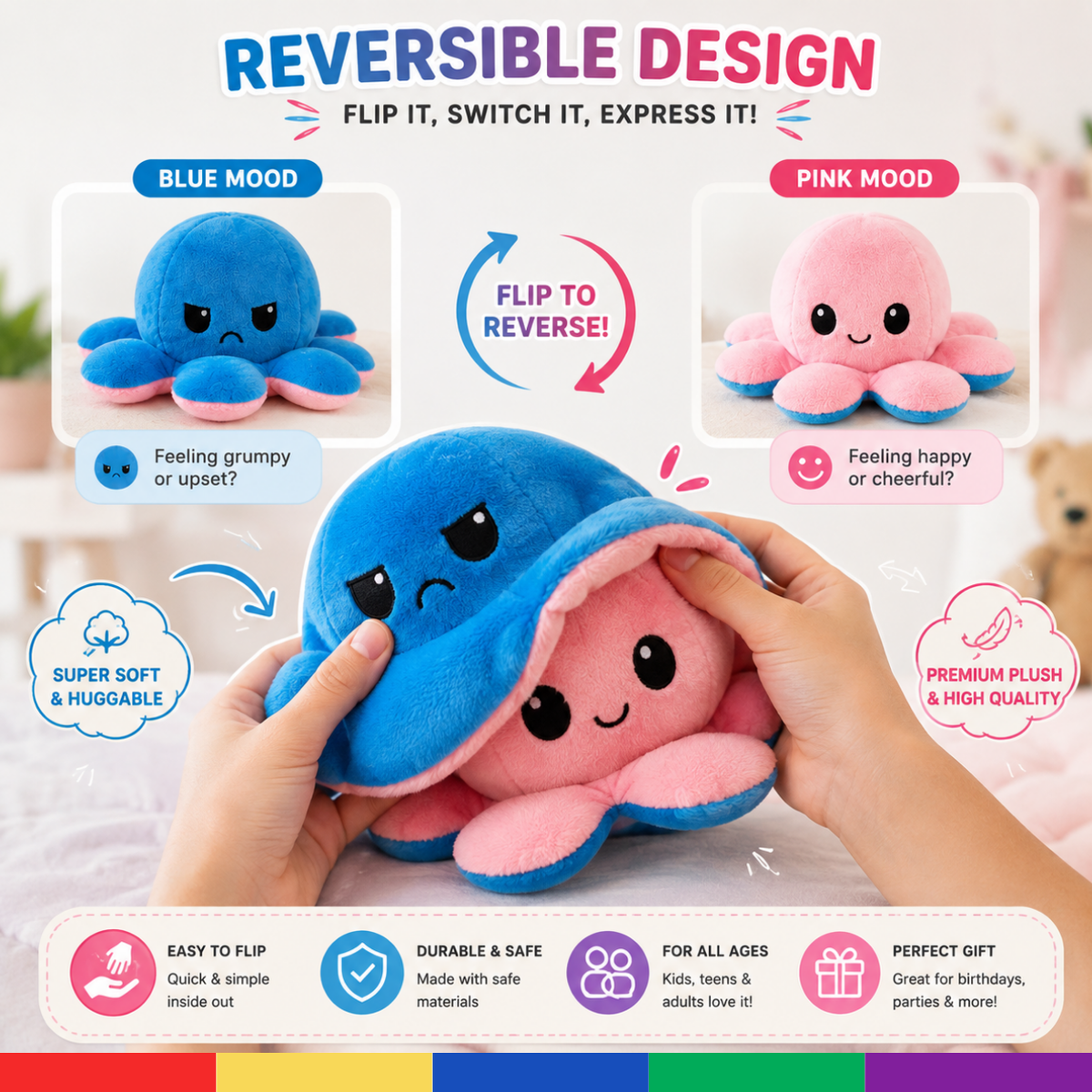 Reversible Octopus Plush Toy – 2-in-1 Mood Changing Soft Stuffed Toy